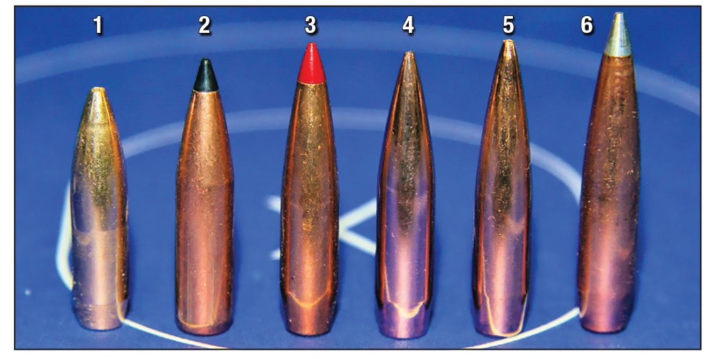 Bullets used for testing included the: (1) Rocky Mountain Reloading’s (RMR) 75-grain 3 Gun Hunter (3GH), (2) Swift’s 75-grain Scirocco II, (3) Hornady’s 80-grain ELD Match, (4) Nosler’s 85-grain RDF, (5) Berger’s 85.5-grain Long Range Hybrid Target and (6) Hornady’s 90-grain A-Tip Match.